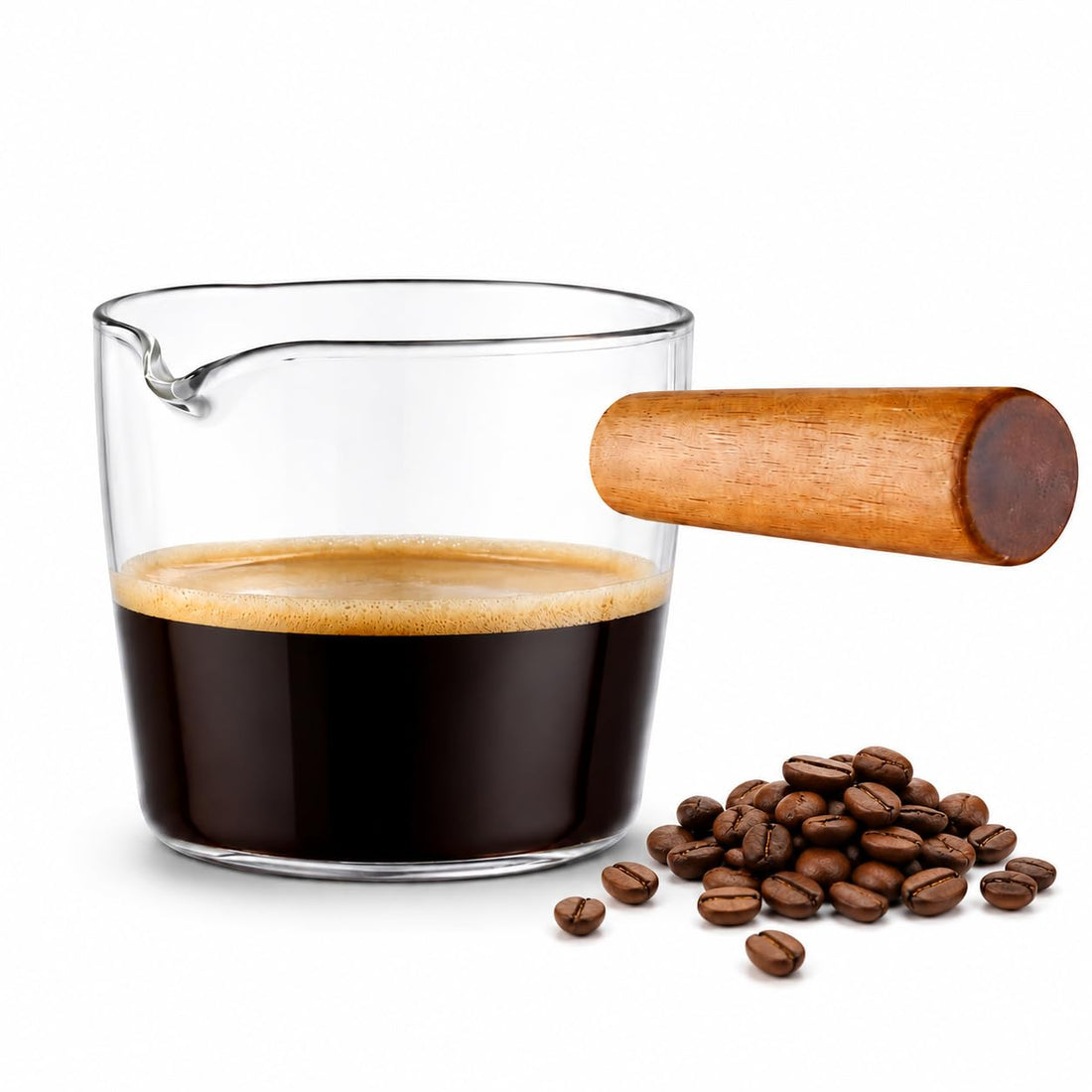 OVA Espresso Coffee Cups Set 50ml – High Borosilicate Glass Mini Espresso Cups with Wooden Handle, Transparent Heat-Resistant Coffee Shot Cups for Espresso, Milk, Sauce & Dessert Serving (1)