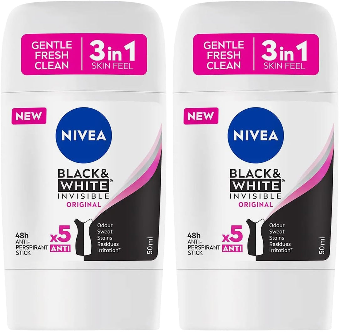 NIVEA Antiperspirant Stick for Women, 48h Protection, Black & White Invisible Original, 50ml (Pack of 2)