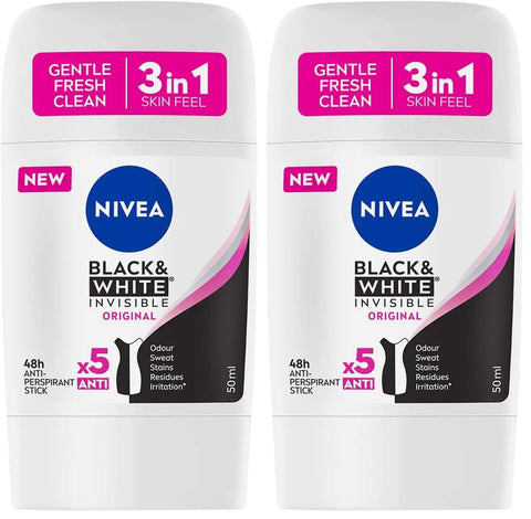 NIVEA Antiperspirant Stick for Women, 48h Protection, Black & White Invisible Original, 50ml (Pack of 2)
