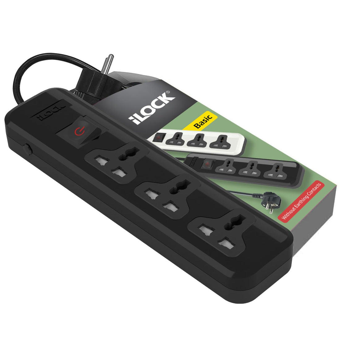 iLOCK power strip 3 universal outlets with switch (black)