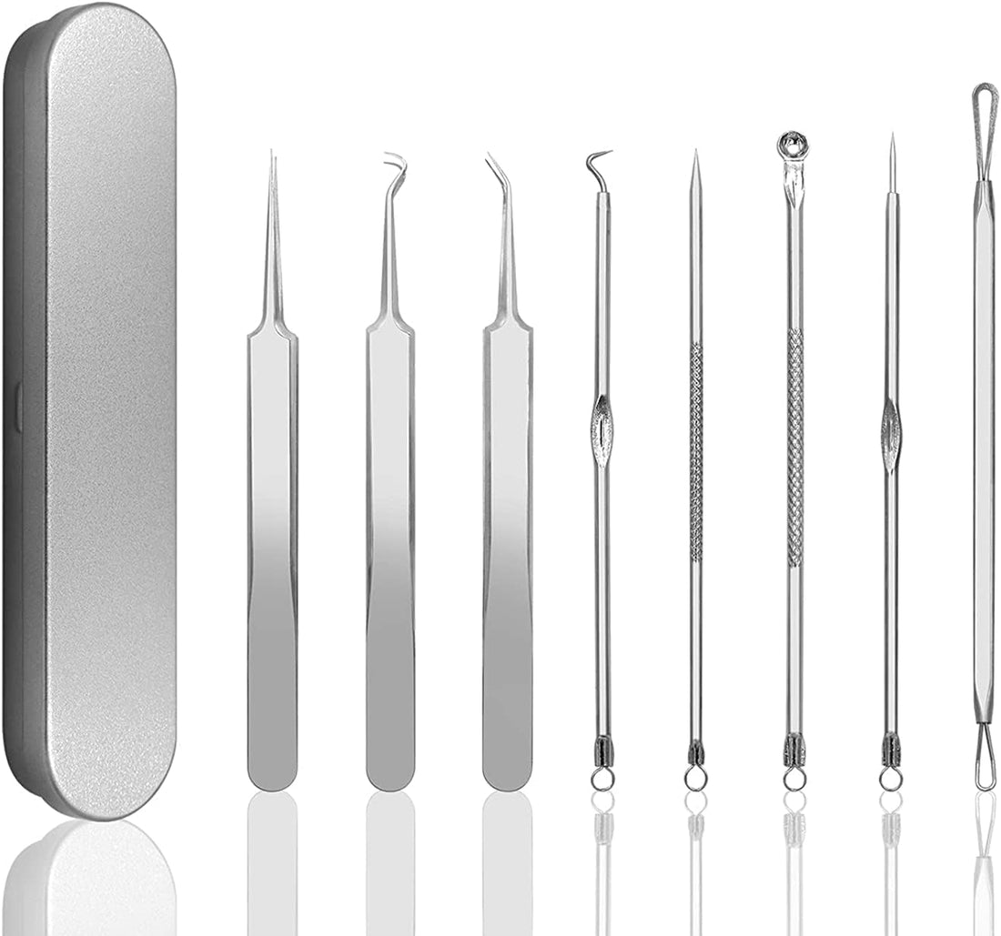 8 Pcs Blackhead Remover Tool Kit with Metal Case, Acne Comedone Clip Blackhead Tweezer for Ingrown Hair Removal