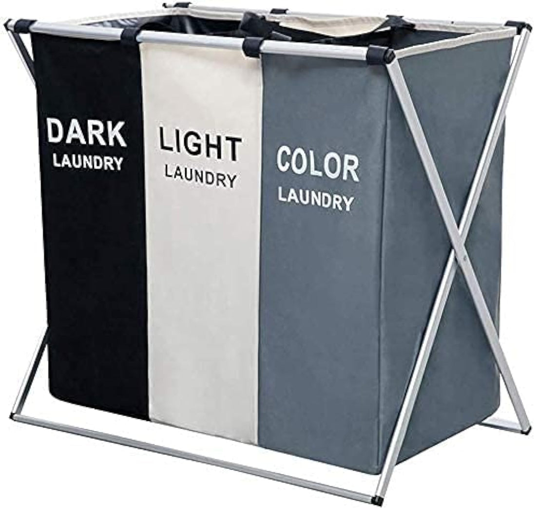 Beauenty 135L Laundry Hamper Sorter Basket Foldable 3 Sections With Aluminum Frame,Washing Storage Dirty Clothes Basket for Bathroom Washroom Bedroom (Option 1)
