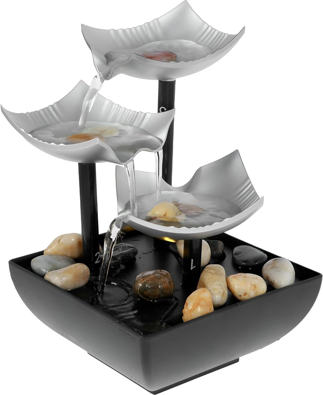 Decorative Water Fountain - 3 Cup Waterfall with LED Light and Decorative Pebbles – Electric or Battery Operated – Quiet Water Decor for Office, Bedroom, or Home Stress Relief and Relaxation