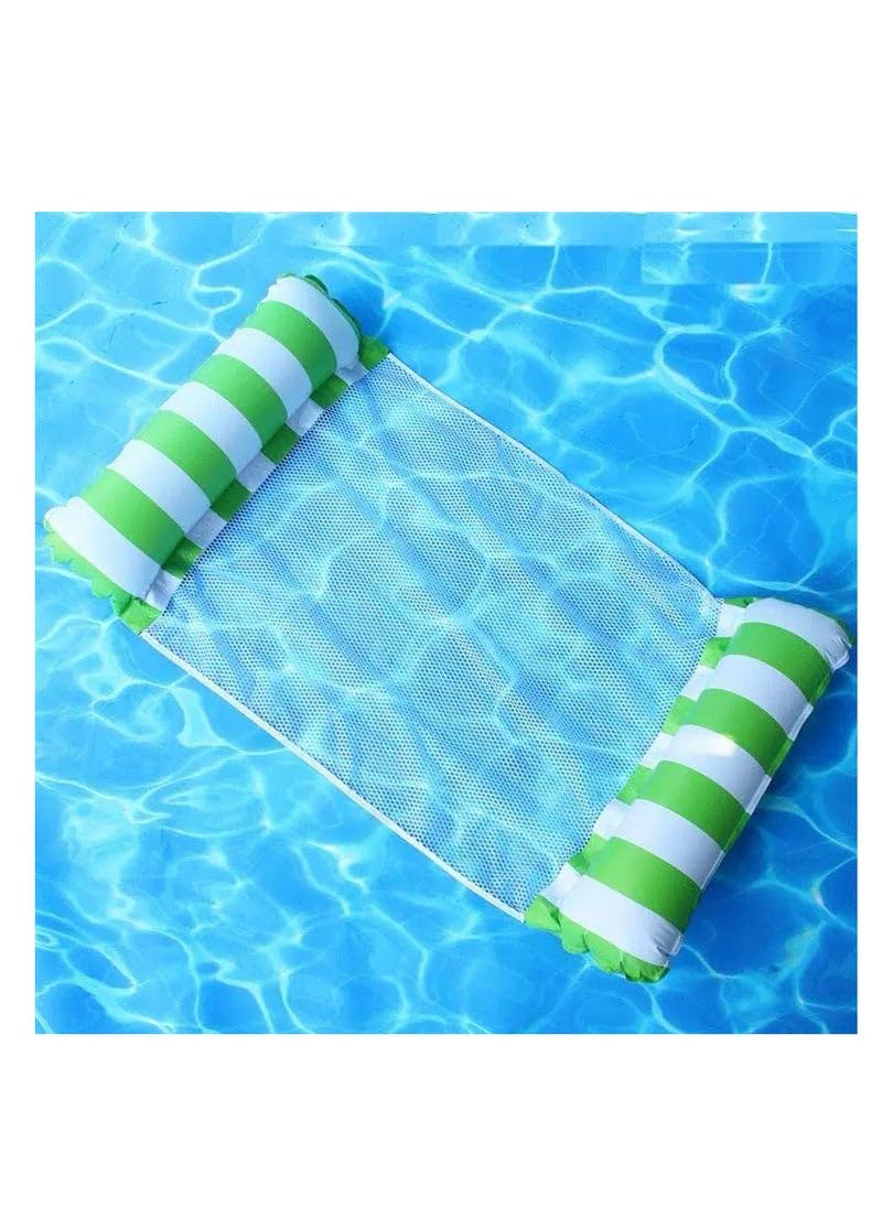 Pool Float Water Hammock, Inflatable Mesh Lounger with Striped Green and White Pillows