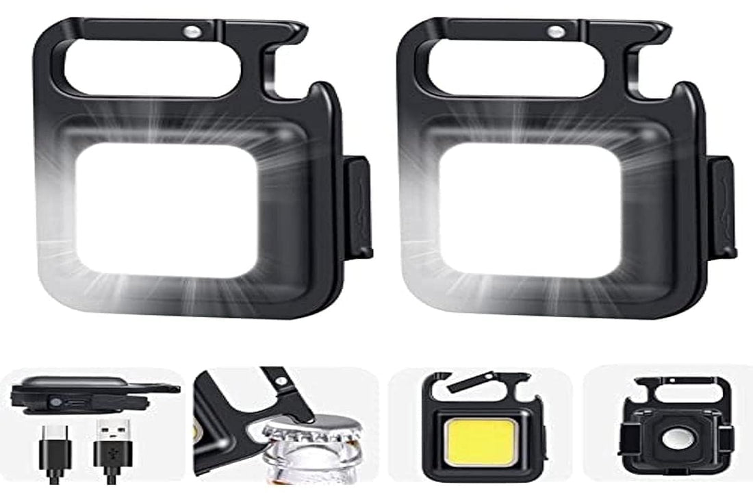 COB Keychain Work Light, Keychain Flashlights 4 Light Modes, 1000 Lumens Bright Rechargeable Portable Small Flashlights with Folding Bracket Bottle Opener and Magnet Base for Camping, Walking(2 Pack)