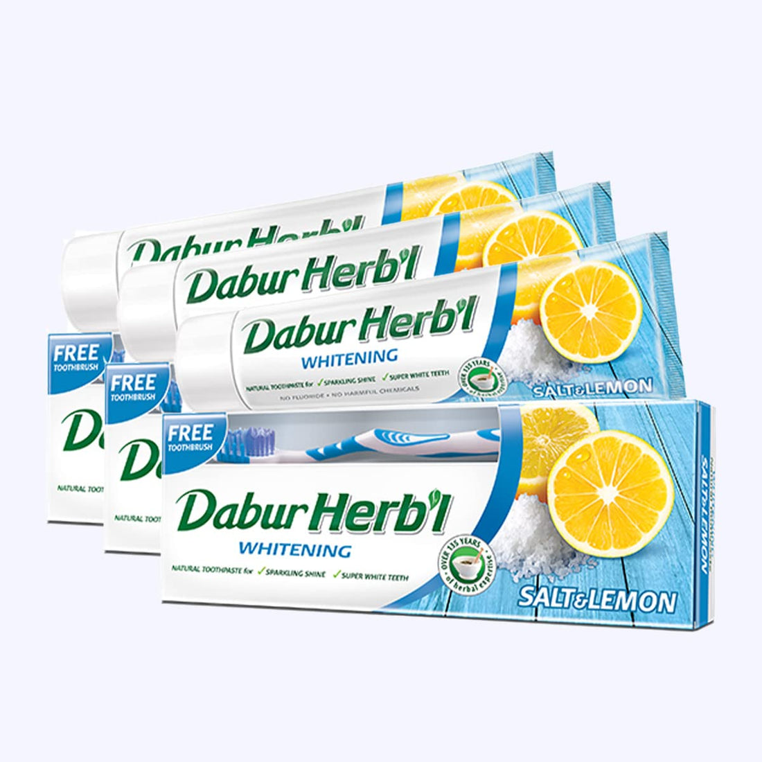 Dabur Herbal Whitening Natural Toothpaste (3 x 150g + Toothbrush) | Enriched With Salt and Lemon | For Sparkling Shine & Super White Teeth | Value Pack