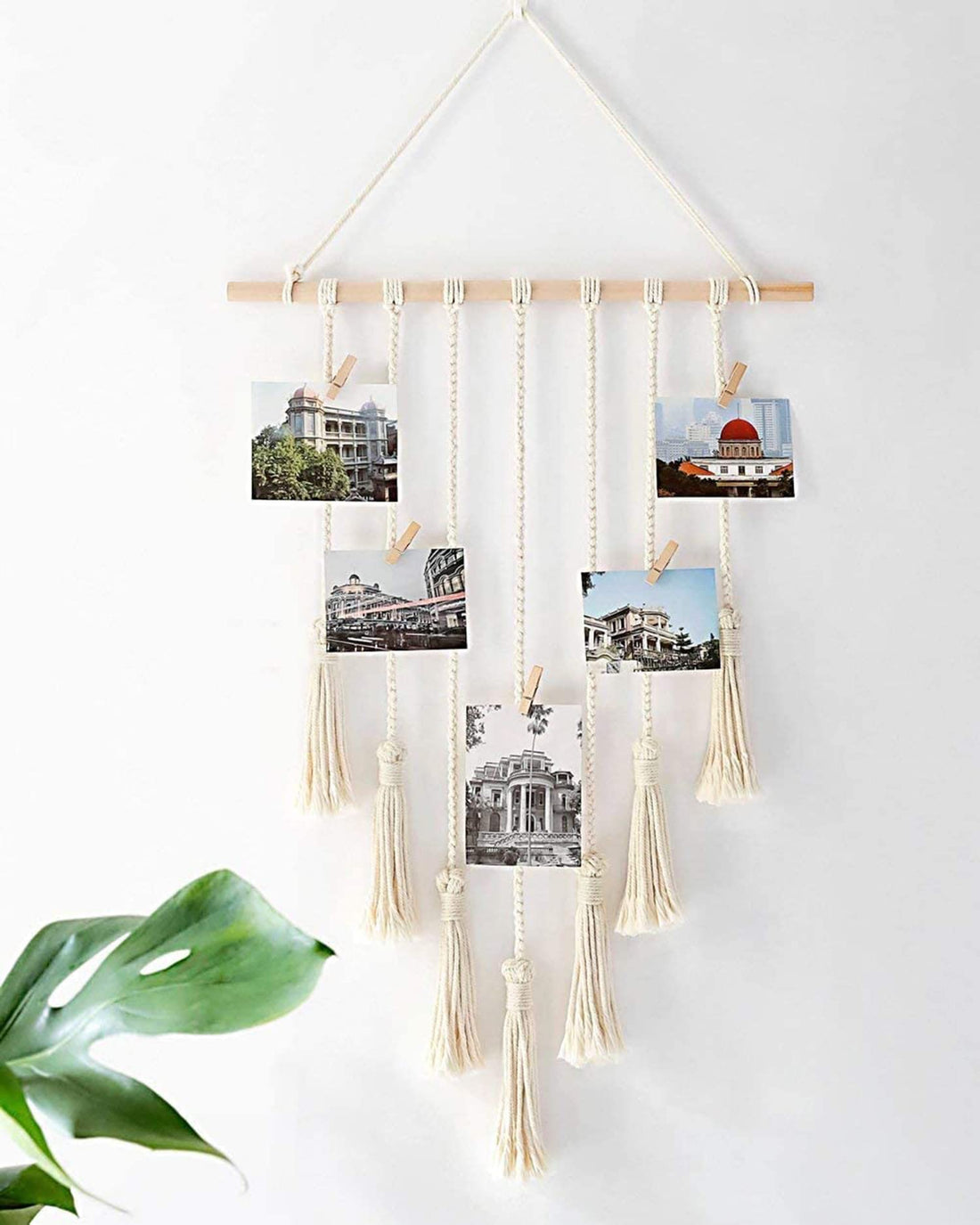 KASTWAVE Macrame Wall Hanging Photo Card Display With Wood Clips Hanging Pictures Organizer Bohemian Handmade Woven Tapestry Home Decor, 27"L x 17''W