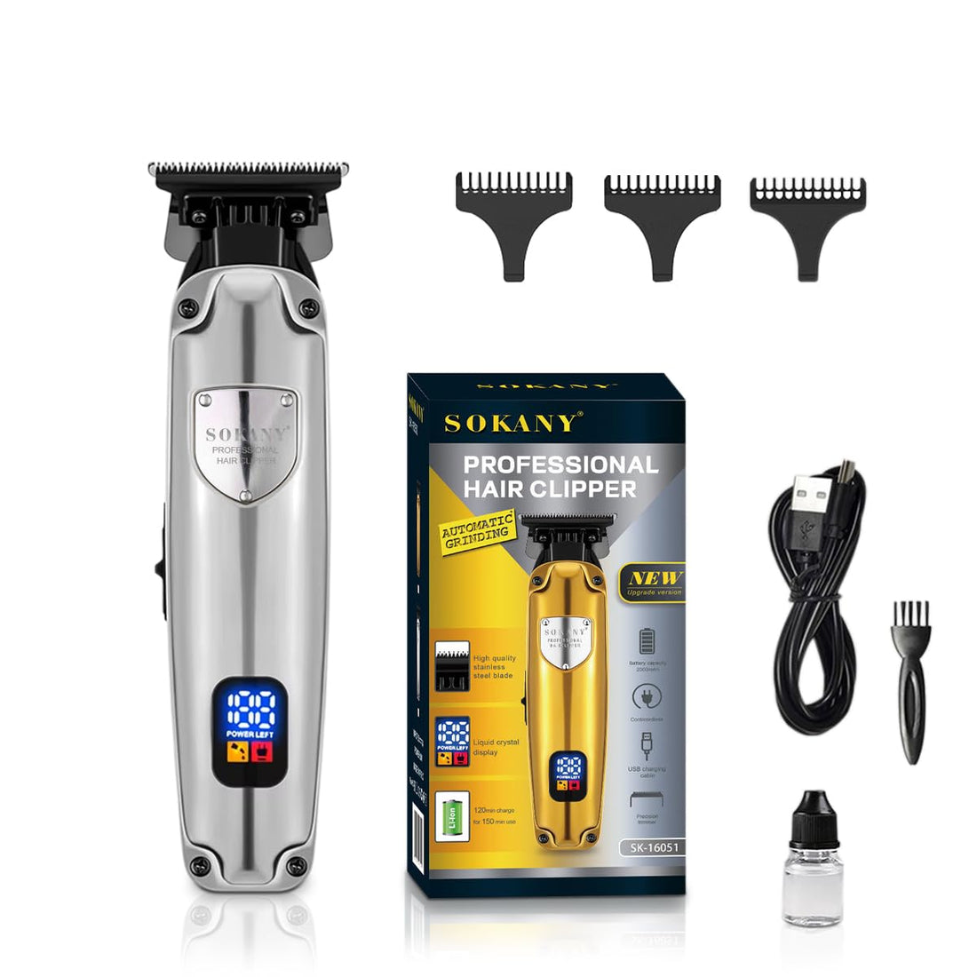 Hair Clipper for Men, Professional Cordless Trimmer with Stainless Steel Blades, 3 Combs, LCD Display, 180-Min Runtime, Precision Grooming, Salon-Quality, 8W Motor – Model SK-16051