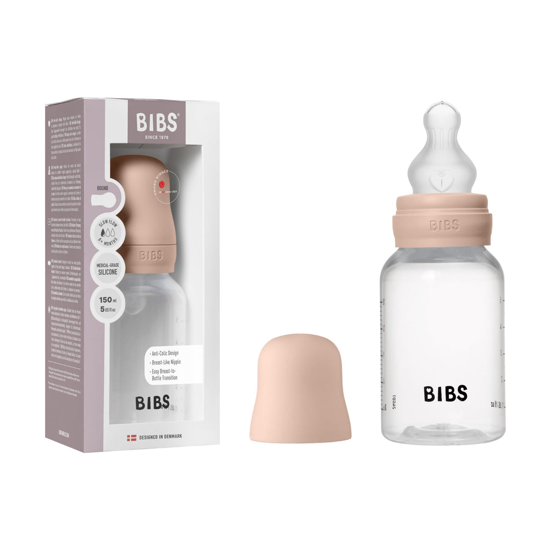 BIBS Baby Bottle 150 ml Silicone Teat - Baby Bottle Set Anti-Colic BPA Free Slow Flow Lightweight and Easy to Clean Suitable for Newborns from 0 Years - Blush