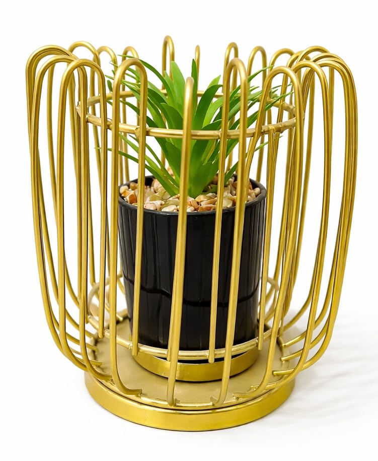 Realistic Artificial Plant with Gold Metal Frame Cage Pebbles Decor Artificial Plant for Home Office Shelf Modern Indoor Decor Natural Looking