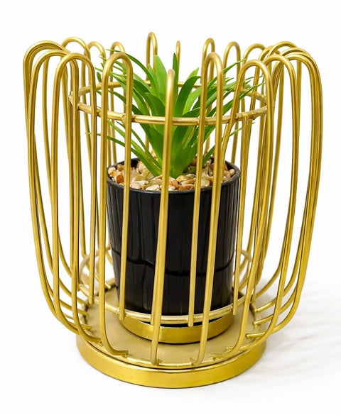 Realistic Artificial Plant with Gold Metal Frame Cage Pebbles Decor Artificial Plant for Home Office Shelf Modern Indoor Decor Natural Looking