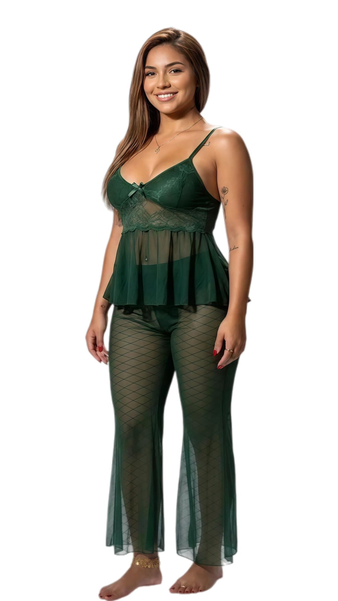 MANIKAN Women's Loungewear Set sheer mesh lace cami top with peplum and flare pants stretch breathable comfy lightweight nightwear home wear pajama style relaxed fit easy care