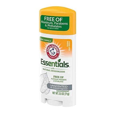 ARM & HAMMER Essentials Deodorant- Unscented- Solid Oval- Made with Natural Deodorizers- Free From Aluminum, Parabens & Phthalates, 2.6 Oz