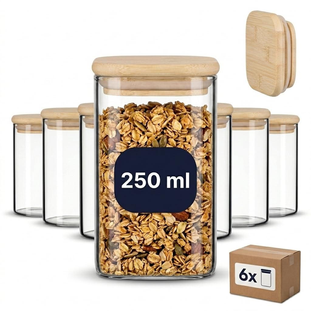 Gouveo Set of 6 Square Storage Jars, 250 ml, Borosilicate Glass with Wooden Lid - Ideal for Spices, Herbs, Salt, Candy, Dried Fruit, Nuts, Cereal, Craft Accessories