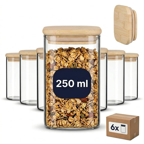 Gouveo Set of 6 Square Storage Jars, 250 ml, Borosilicate Glass with Wooden Lid - Ideal for Spices, Herbs, Salt, Candy, Dried Fruit, Nuts, Cereal, Craft Accessories