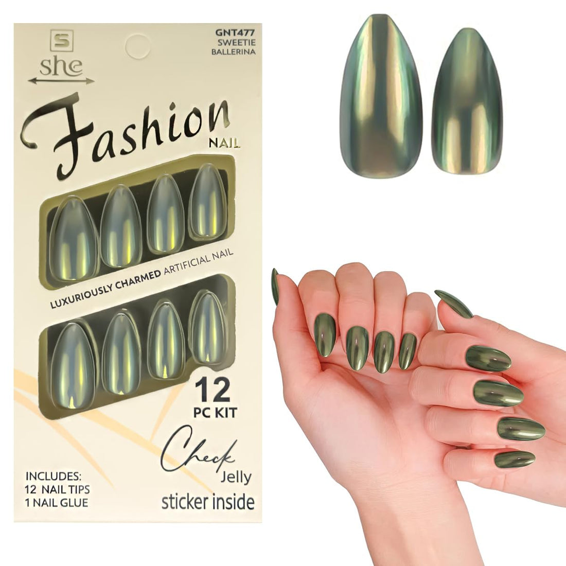 Round Nail Tips - Set Of 12 Nail Tips & 1 Nail Glue, Pre-Shaped Full Cover False Nails & Professional Nail Glue, Quick & Easy Application (Mint Green)
