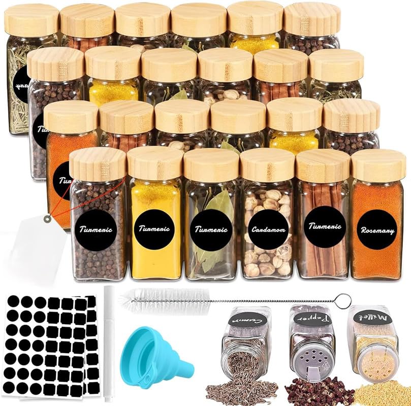 Circle M 24-Piece Glass Spice Jars Set, Square Bamboo Lids, Airtight Jars for Spices, Herbs & Seasonings, Includes Labels & Funnel, Kitchen Storage & Organization Essentials for Pantry