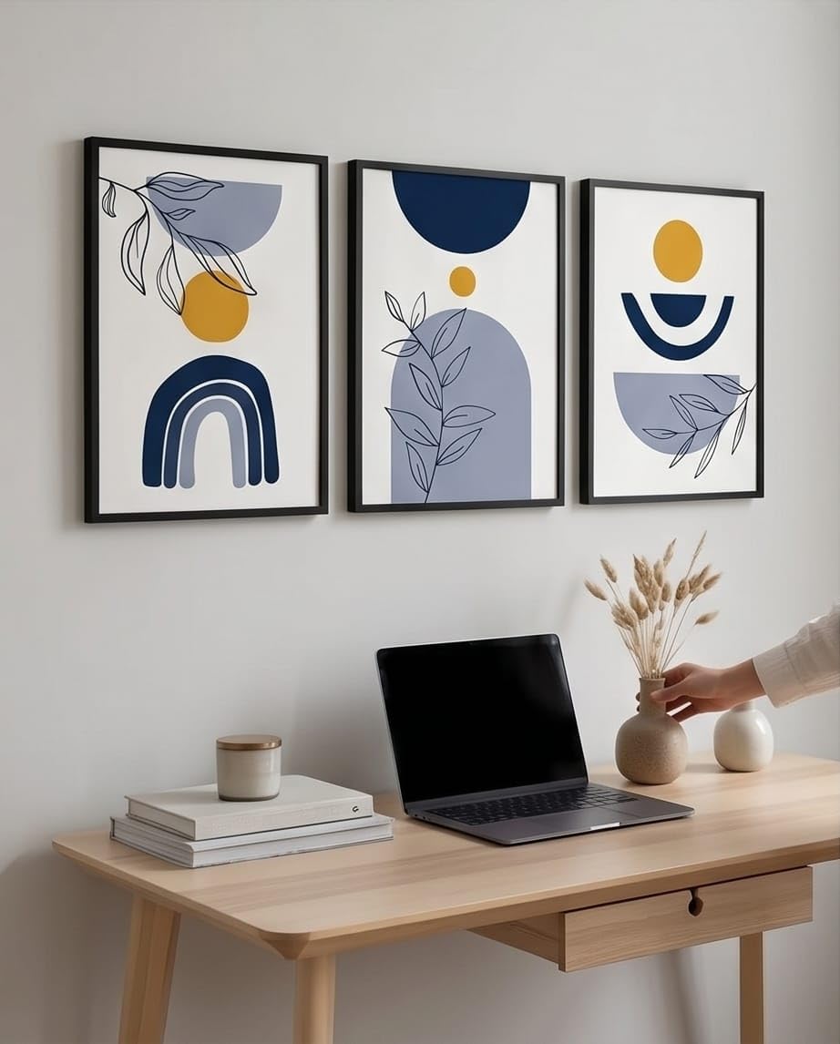 Berwaz Gallery 3 Piece Framed Wall Art Set - Modern Abstract Boho Canvas Prints with Geometric Shapes & Botanical Leaves, Minimalist Wall Decor (Each 30X40 cm) (Black)