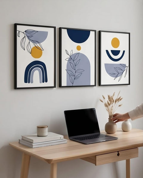 Berwaz Gallery 3 Piece Framed Wall Art Set - Modern Abstract Boho Canvas Prints with Geometric Shapes & Botanical Leaves, Minimalist Wall Decor (Each 30X40 cm) (Black)