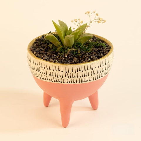 Funny Pot Ceramic Planter, 3-Legged Decorative Plant Pot, Pink and White with Pattern, Succulent Container