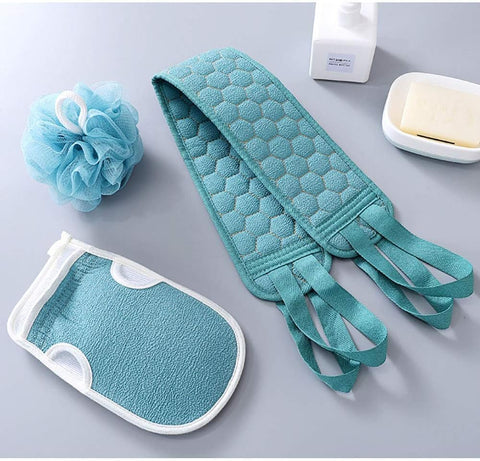 HAPPY HOME 3 Pcs Exfoliating Back Scrubber for Shower, Korean Exfoliating Gloves Mitt for Body Exfoliation, Bath Scrub Loofah Sponge, Back Brush Washer Exfoliator for Men and Women(Multicolor)