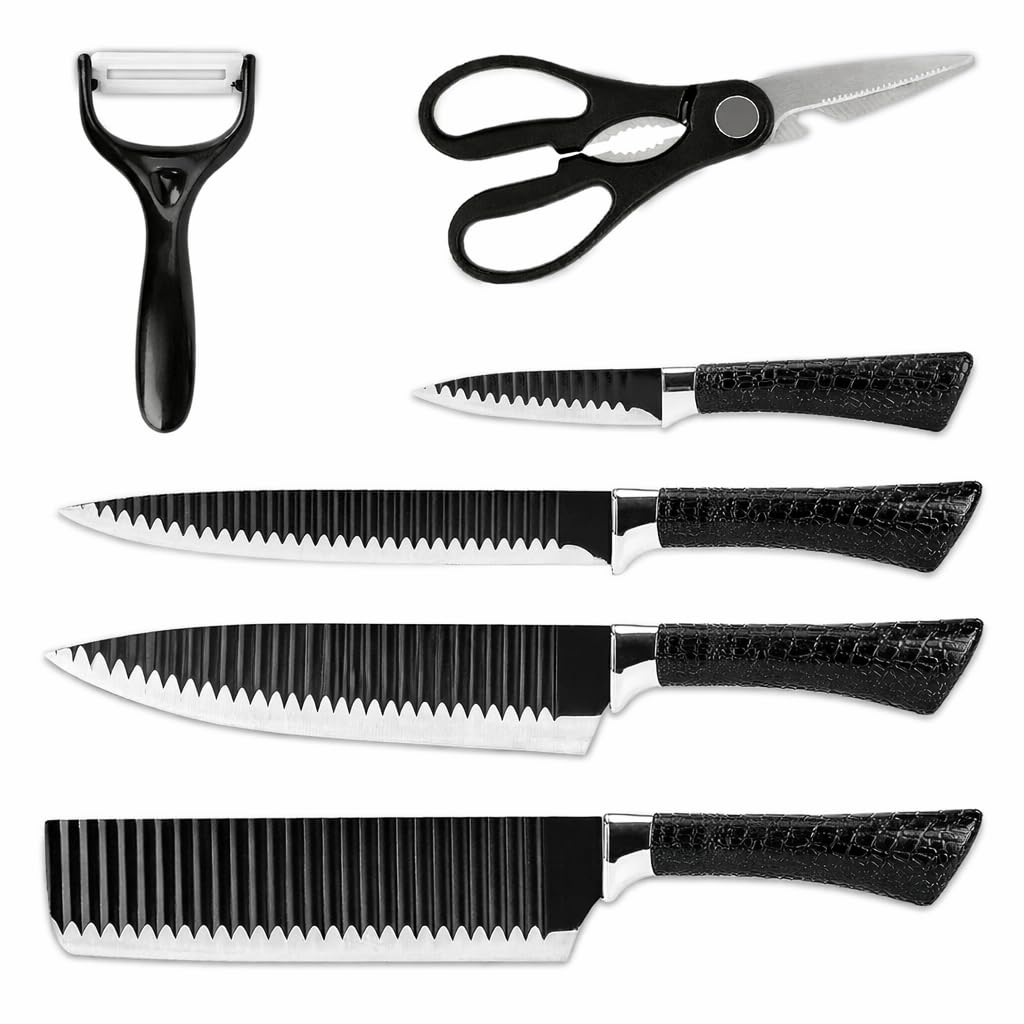 6PCS Stainless Steel Kitchen Knife Set – Chef Knife, Cleaver, Utility Knives, Peeler & Kitchen Scissors with Comfortable Handle and Storage Box for Meat, Vegetables & Food Prep