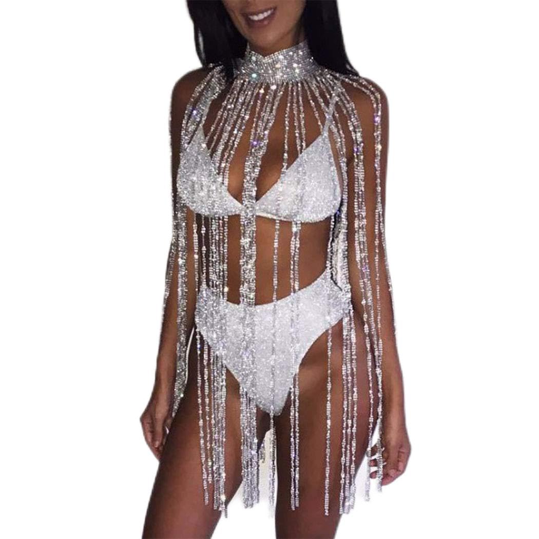 Campsis Fashion Rhinestone Tassel Body Chain Sliver Bling Crystal Tassel Choker Chains Sexy Body Chains Party Nightclub Ball Raves Jewelry Accessories for Women and Girls