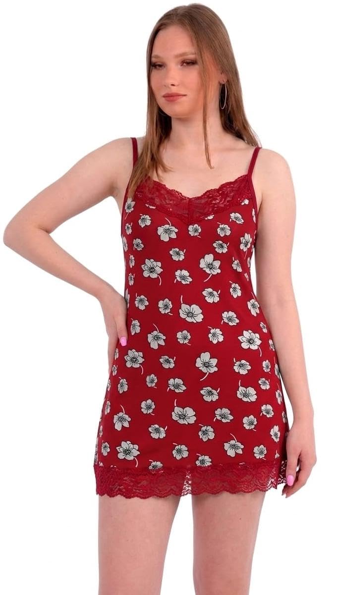 Dabbagh Women's Short Lace Nightgown – Soft Stretch Sleep Dress with Thin Straps, Floral Print and Lace Trim, Comfortable for Sleeping 103