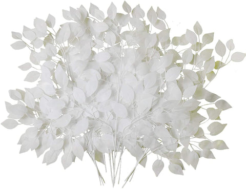 ALMENT Artificial Ficus Tree Leaves Branches 12 PC | Silk White Leaves Plants for Wreath Benjamina Tree Indoor Outdoor Porch DIY | Wedding, Party Farmhouse Wall Decor (White Color)