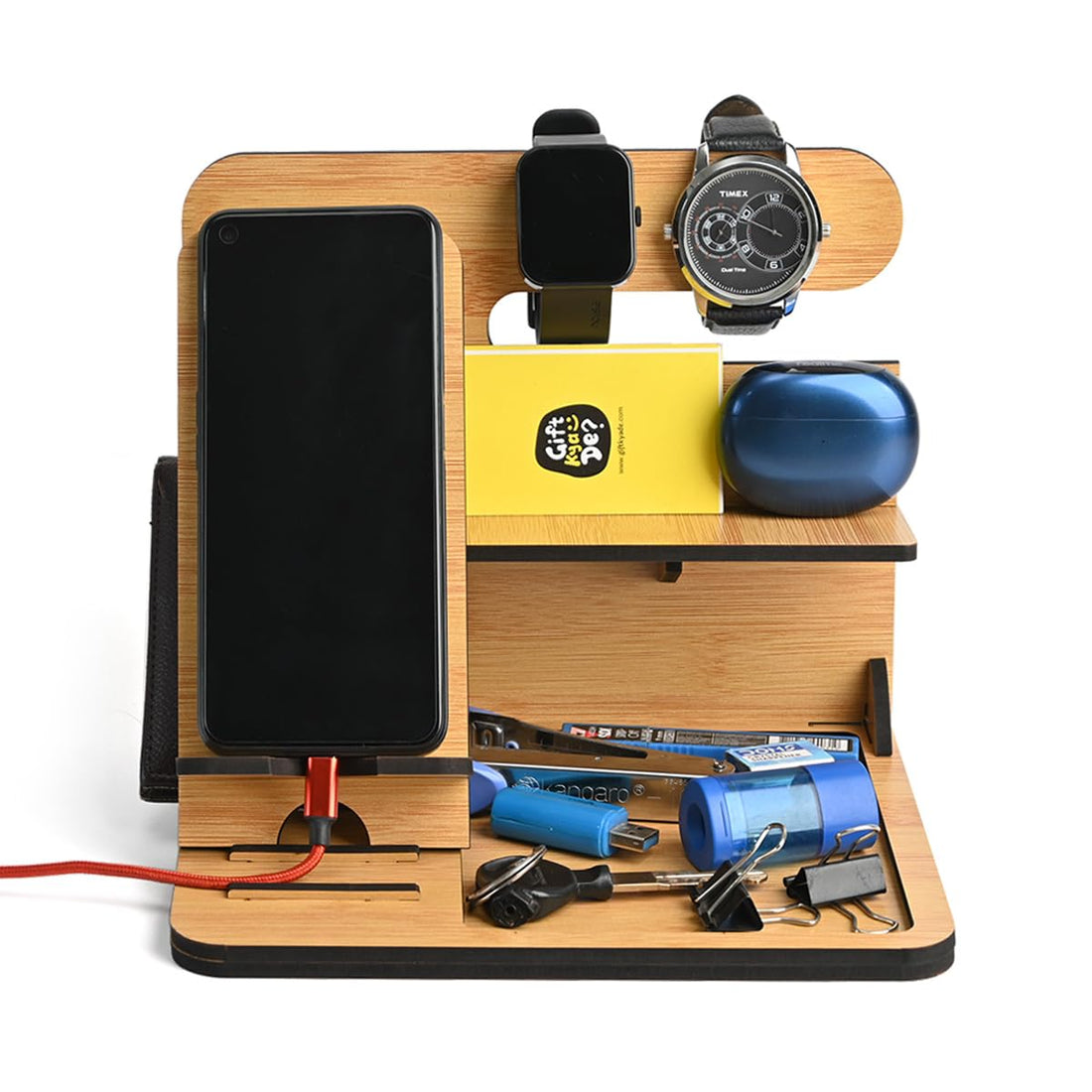 Gift Kya De GKD Desk Organizer & Docking Station (6 in 1) with Mobile Stand for Him for Husband for Brother Table Organizer (Bamboo) (Eco Friendly)