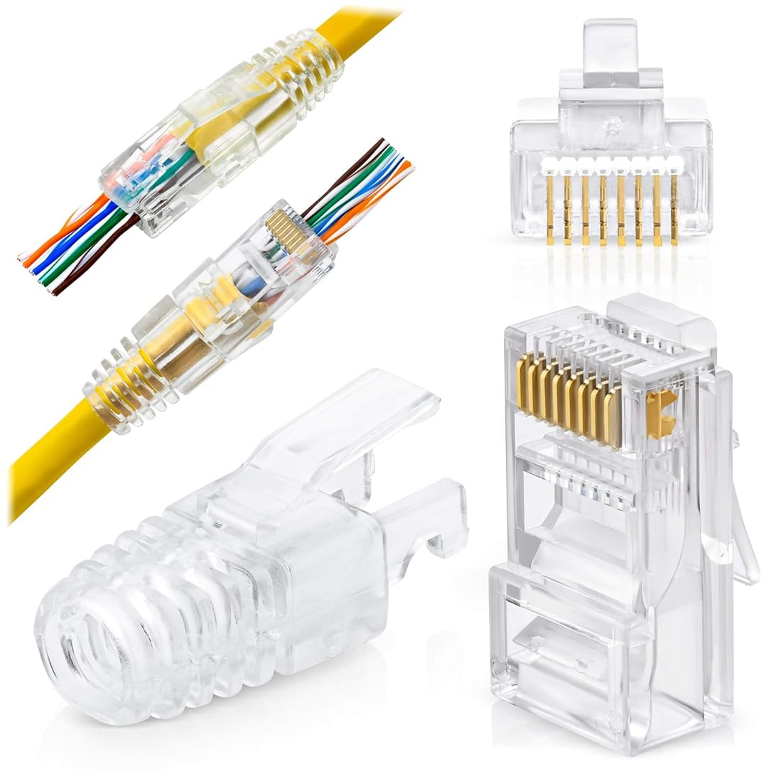 KWSLIN 50 Set RJ45 Cat6 Pass Through Connectors and Strain Relief Boots, Cat6 RJ45 Ends Ethernet Cable Crimp Connectors UTP Network Plug for Solid Wire and Standard Cable, Transparent