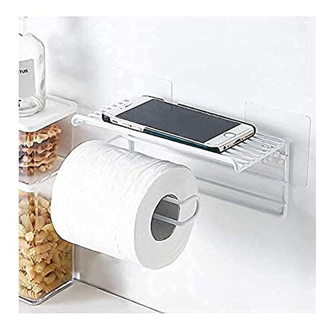 ARLICORPING™ Metal Bathroom Tissue Holder with Soap Stand | Wall Mounted Towel Rack with Mobile Phone Storage Shelf | Bathroom Towel Storage Rack Hanger Organizer (White Tissue Holder)