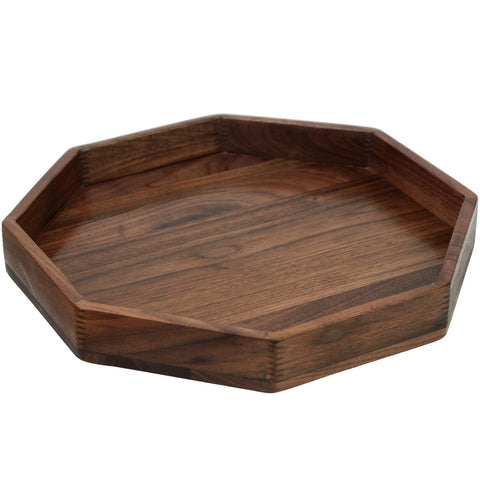 12 Inches Small Octagonal Black Walnut Wood Ottoman Tray with Handles, Serve Tea, Coffee Classic Wooden Decorative Serving Tray