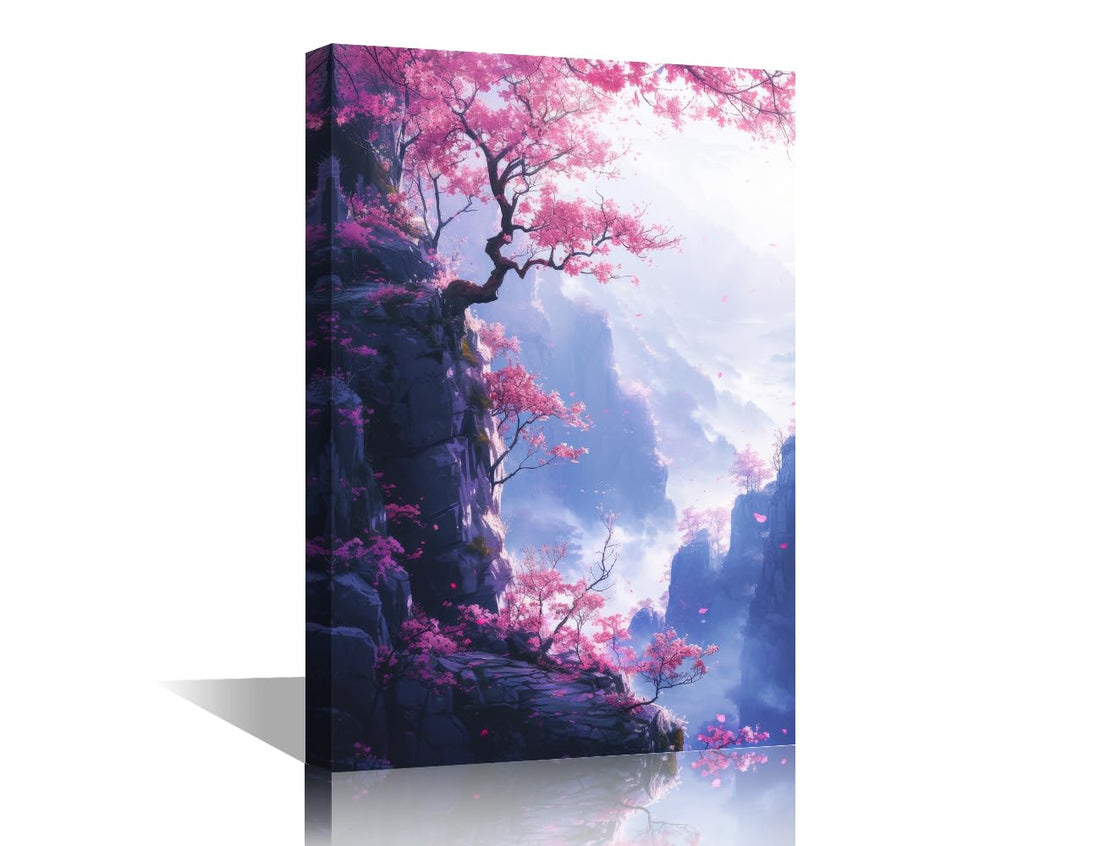 TISHIRON Wall Art Decor Painting on Canvas Pink Tree Pictures for Home Walls Cliff Office Wall Art Mountain Framed Modern Artwork for Living Room Bedroom Nature Landscape, 24x16in
