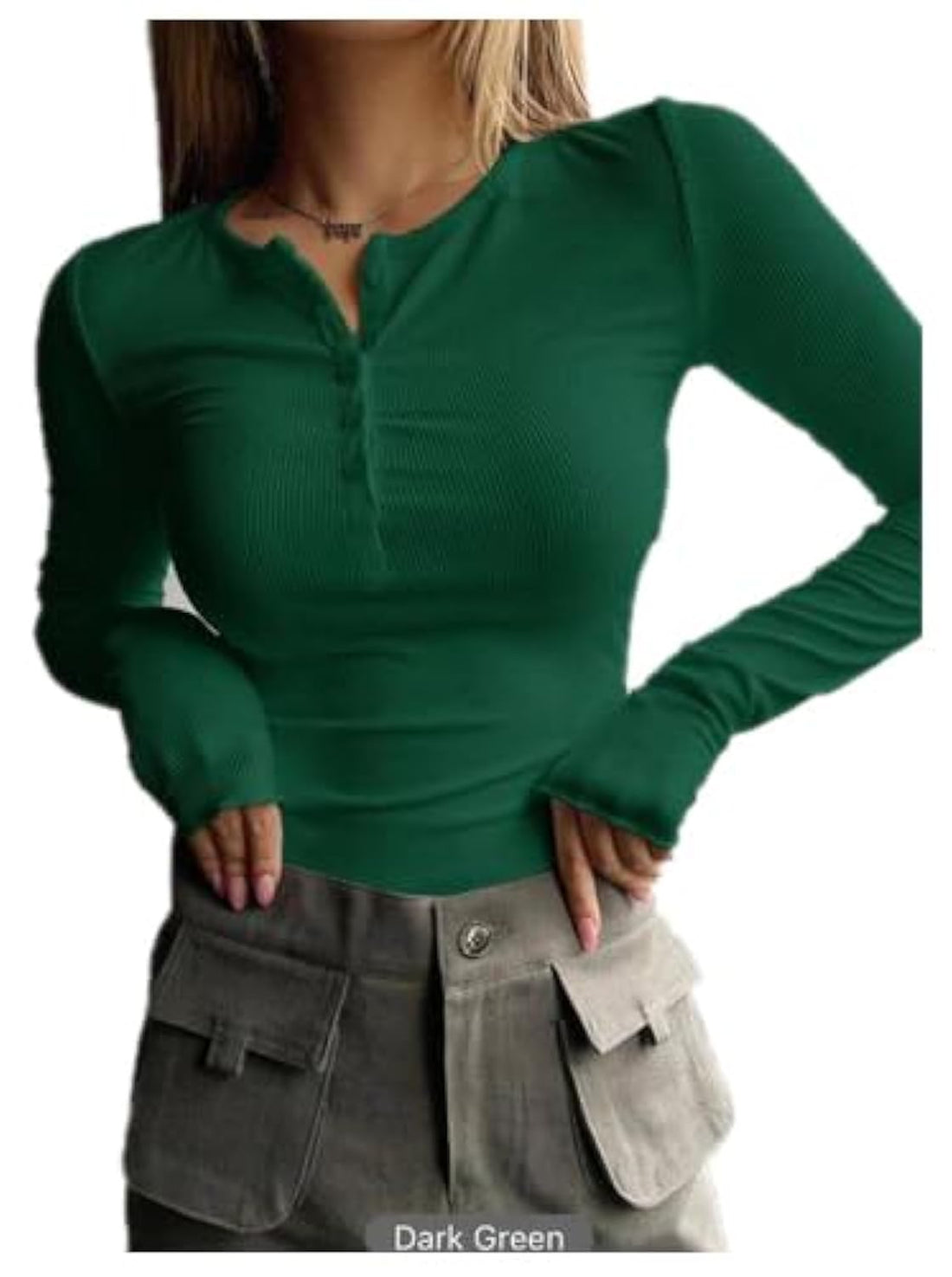 Ribbed Knit Regular Neck Long Sleeve T-shirt for Women - Slim Fit Button Down