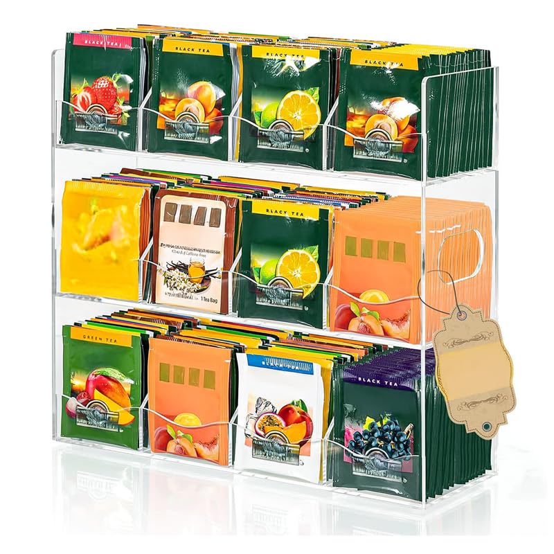 BEST MEDIA Clear Acrylic Tea Bag Organizer for Counter, Wall Mountable Tea Storage Box Holds 216+ Tea Bags, 9-Compartment Holder with Elegant Edge Design for Kitchen Cabinet and Pantry.