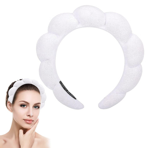 Spa Headband Sponge Puffy Makeup Headband Terry Towel Cloth Fabric Head Band for Women Girls Washing Face, Makeup Removal, Shower, Skincare Facial Mask (White)