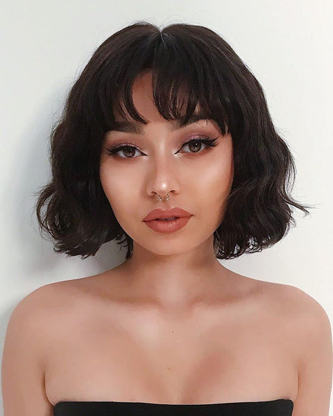 ECIF Short Bob Wigs Black Wavy Bob Wig With Air Bangs Synthetic Short Curly Hair Wigs For Women Shoulder Length Natural Looking Wig For Daily Party Use (Black)