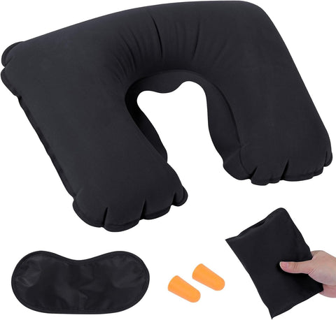 Inflatable Travel Pillow with Eye Mask and Earplugs, Comfortable Neck Pillow for Airplane, Car, Office, Multi Color