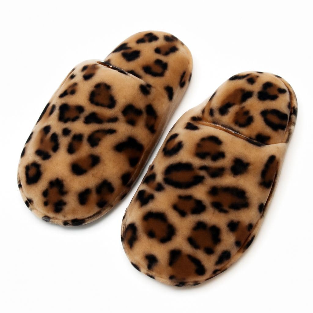 Men's Fashion Brown Slippers, Leopard Pattern Fluffy Bedroom Slippers