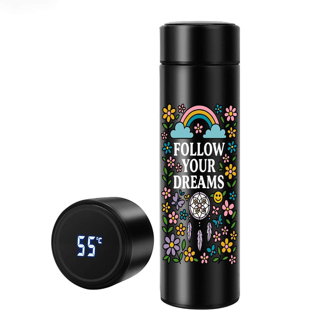 Thermal mug with LED touch screen- Black- gift for her- Waterproof sticker-one sided printing-motivation design -Follow your dream - هدايا مميزة- We print your gift
