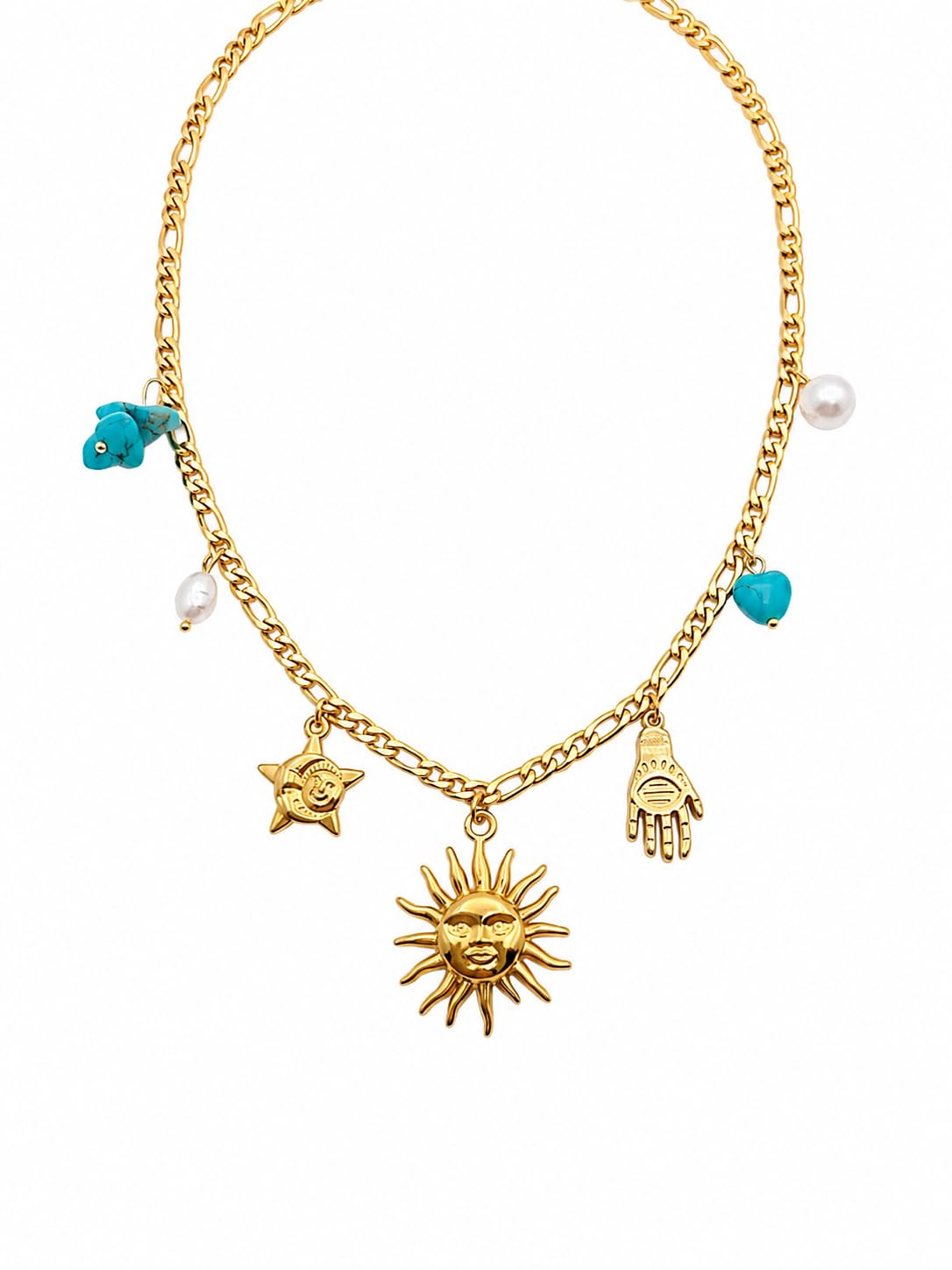 Sun Star Moon Stainless Steel Beach Simple Style Waterproof Non Tarnish Stainless Steel Lobster Trigger Clasp Closure Pendant Necklace Multi Charms Necklace