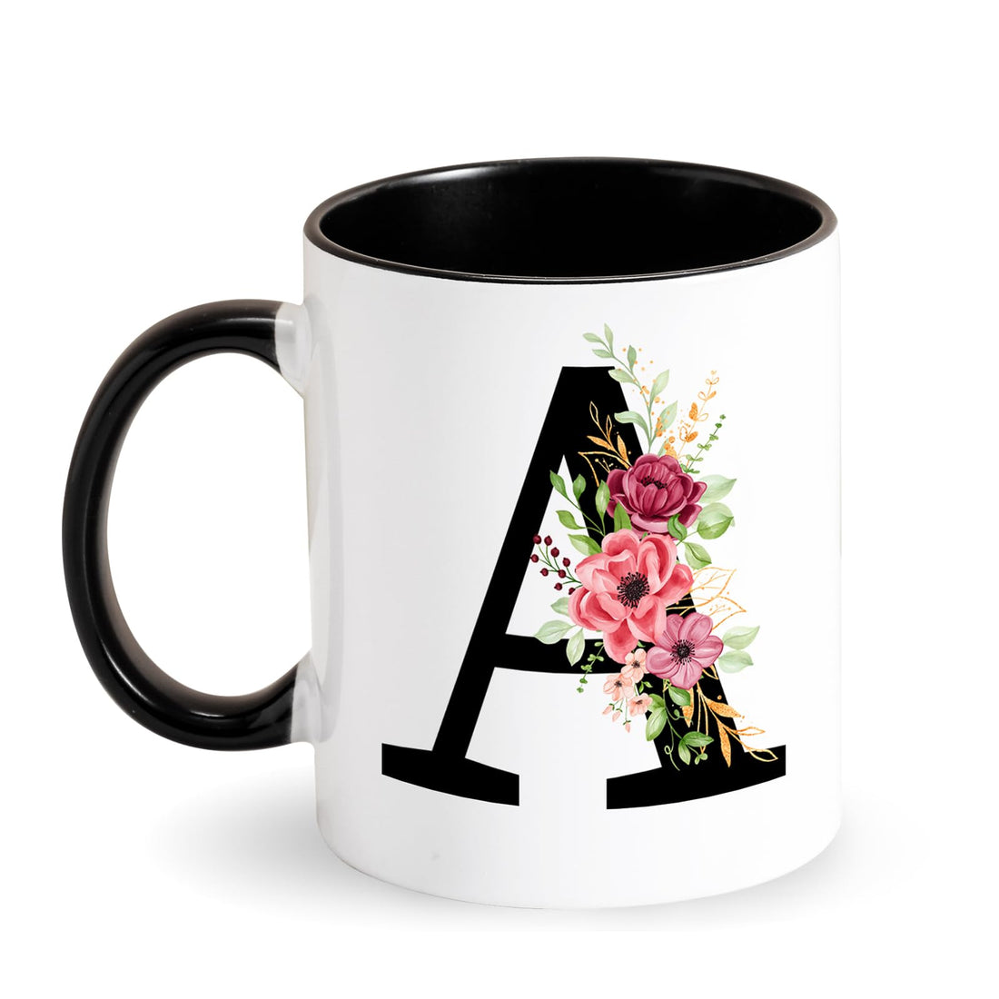 Tarklanda Personalized Initial Mug With Letter and Flowers - 350ML Porcelain Black Coffee Mug - Original Gifts for Women, Birthday and Christmas Presents (A)