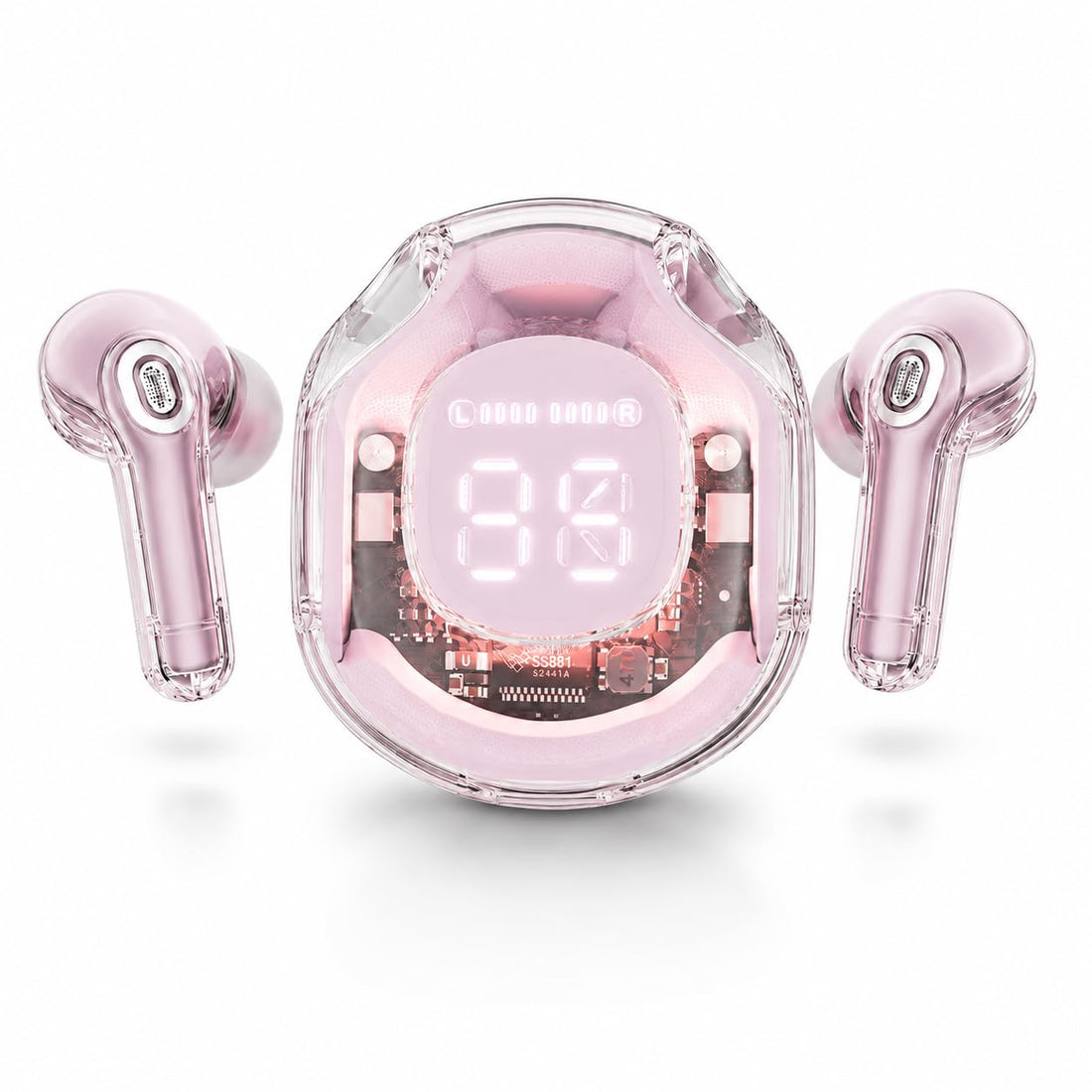 Wireless Earbuds Bluetooth 5.3, Clear Design, Noise Isolation, Built-in Microphone, Touch Control, RGB Light, Fast Charge, 30 Hours Battery (Pink)