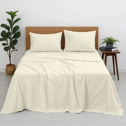 Olympic Queen Cotton Bed Sheets Set-400 Thread Count Cotton Sheets-4 Piece Sheet Set Fits Mattress Upto 12 Inch Deep Pocket Fitted Sheet-66 x 80 Size Sheets-Ivory Solid Olympic Queen Sheet for Bed