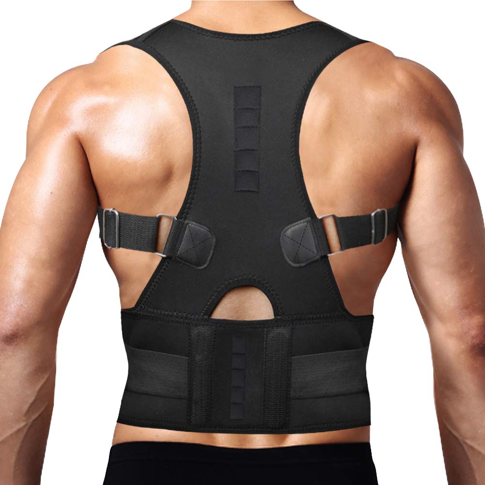 Thoracic Back Brace Posture Corrector - Magnetic Support for Neck Shoulder Upper and Lower Back Pain Relief - Perfect Posture Brace for Cervical Lumbar Spine - Fully Adjustable Belt (Black, Large)
