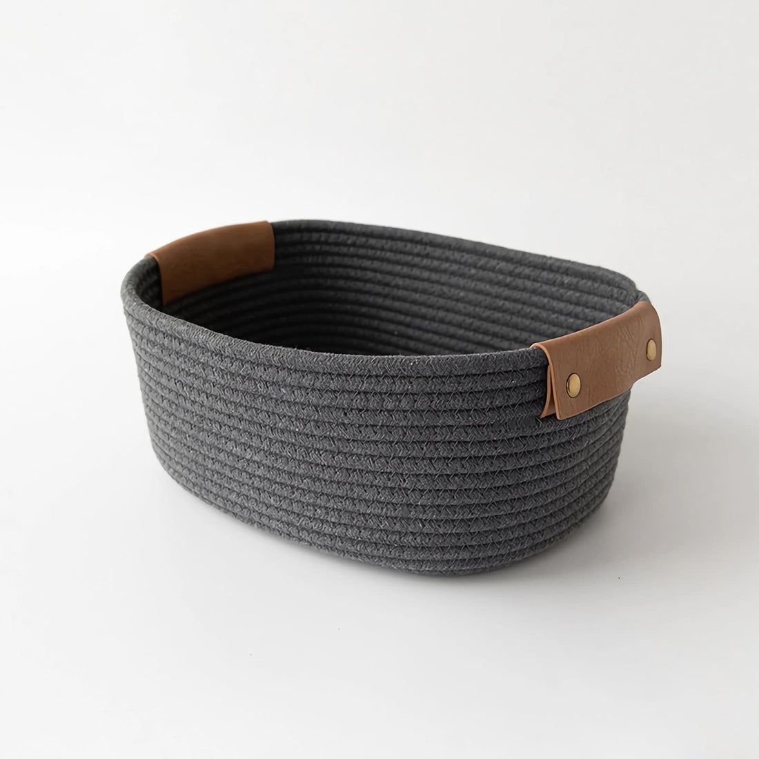 Small Cotton Woven Basket with PU Leather Handle, Baby Kids Clothes Toys Candy Gifts Cotton Rope Organizer, Living Room Bathroom Shower Storage Laundry Basket, Dog Cat Bed, Cute Decor, Black