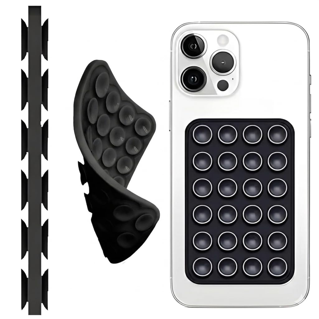 Silicone Suction Cup Phone Holder Double Sided Grip Hands Free Adhesive Grip for Selfie Videos Thick Washable Reusable Non-Slip for iPhone and Android (Black, 24 Cups)