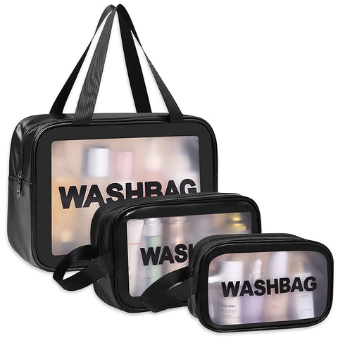 ULTRINA Multi-functional Makeup Pouch for Women | Waterproof PVC Cosmetic Bags for Girls | Toiletry Storage Wash Bag | Travel Organizer for Bath Accessories & Grooming Kit, Set of 3 Pouches. (BLACK)