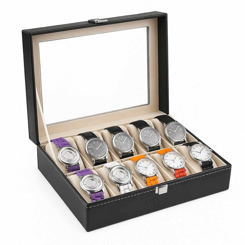 Watch Storage Box, Organizer Box with with Lock & Glass Lid, High-Grade Leather Men's Jewelry Box with 10 Slot, Elegant Black Design & Removable Pillow